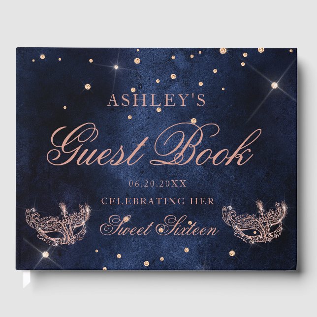 Masquerade Maske Rose Gold Glitzer Funkeln Sweet 1 Gästebuch (Vorderseite)