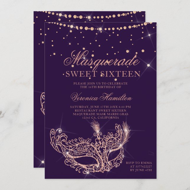 Masquerade Maske Rose Gold Glitzer lila Sweet 16 Einladung (Vorne/Hinten)