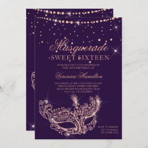 Masquerade Maske Rose Gold Glitzer lila Sweet 16 Einladung
