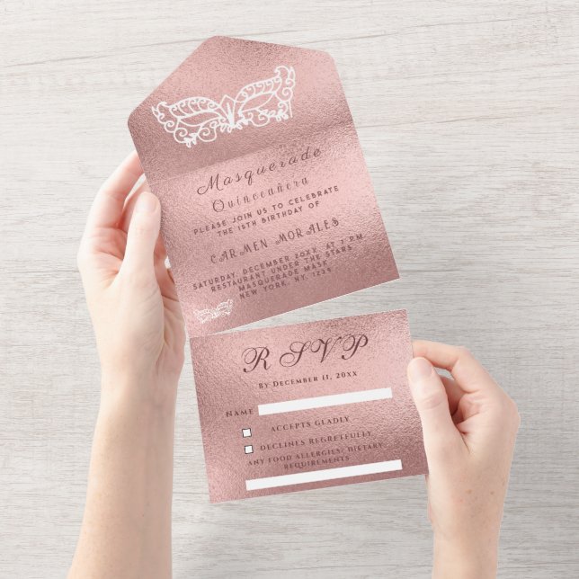 Masquerade Maske Rose Gold Rosa Glitzer Quinceaner All In One Einladung (Abreißen)
