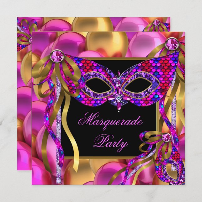 Masquerade Masken Pink Lila Blue Geburtstag Einladung (Vorne/Hinten)