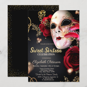 Masquerade, Masque, Confetti Rote Rosen Süß 16 Einladung