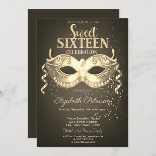Masquerade, Masque, Confetti Sweet 16 Gold Einladung