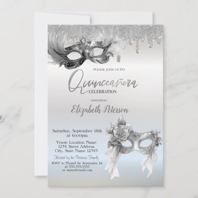 Masquerade Masque Glitter Drips Silver Quinceanera Einladung (Vorderseite)