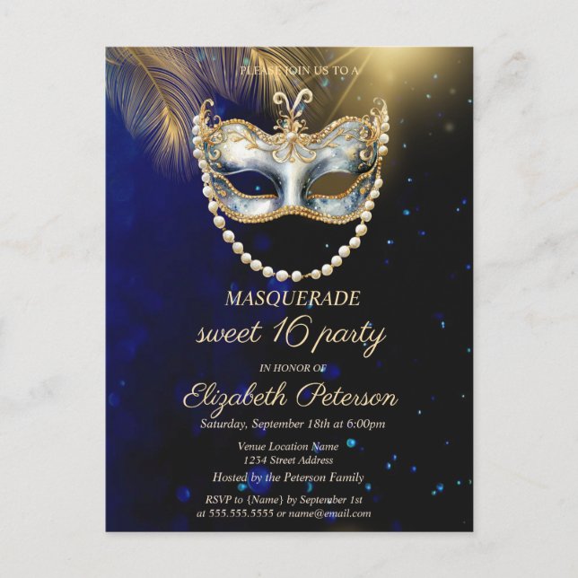 Masquerade Masque Gold Blätter Sweet 16 Einladungspostkarte (Vorderseite)