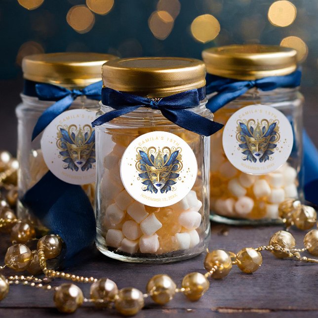 Masquerade Motif Quinceanera Blue Gold ID1031 Runder Aufkleber (Von Creator hochgeladen)