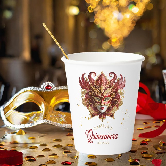 Masquerade Motif Quinceanera Red Gold ID1031 Pappbecher (Von Creator hochgeladen)