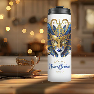 Masquerade Motif Sweet 16 Blue Gold ID1032 Thermosbecher