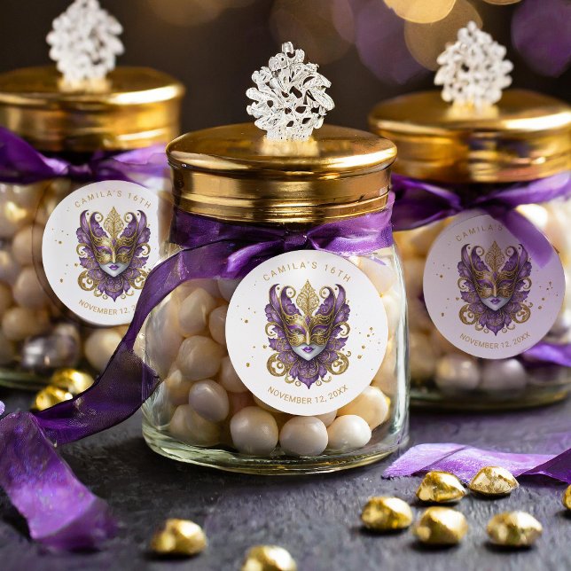 Masquerade Motif Sweet 16 Lila Gold ID1032 Runder Aufkleber (Von Creator hochgeladen)