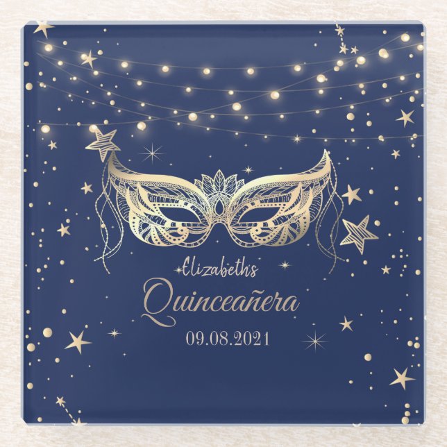 Masquerade, Navy Blue Stars Quinceañera Glasuntersetzer (Vorderseite)