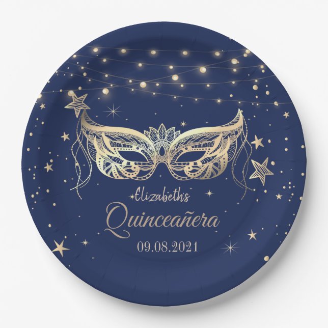 Masquerade, Navy Blue Stars Quinceañera Pappteller (Vorderseite)