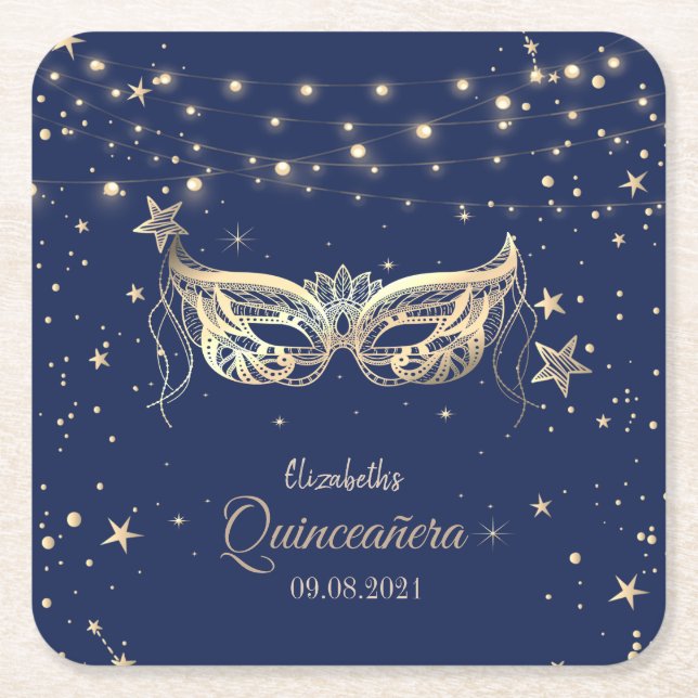 Masquerade, Navy Blue Stars Quinceañera Rechteckiger Pappuntersetzer (Vorderseite)