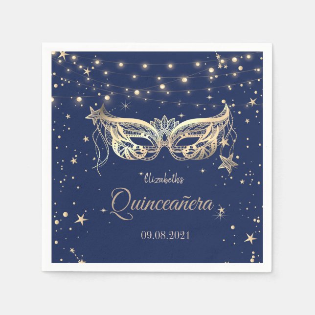 Masquerade, Navy Blue Stars Quinceañera Serviette (Vorderseite)