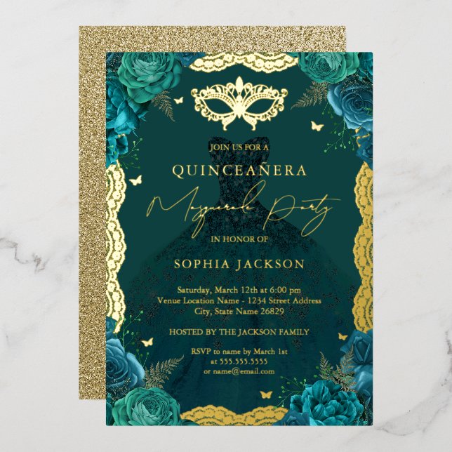 Masquerade Party Aquamarines Blumenkleid Quinceane Folieneinladung (Vorderseite/Rückseite)