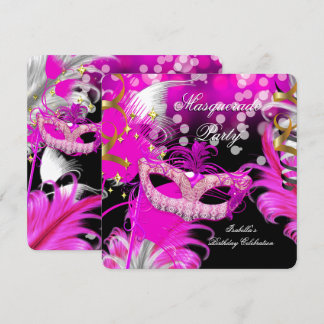 Masquerade Party Birthday Hot Pink Maske Feathers Einladung
