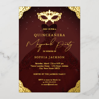 Masquerade Party Burgundy Kleid Quinceanera Folieneinladung