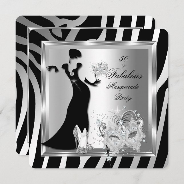 Masquerade Party Fabulous 50 Zebra Silver Black Einladung (Vorne/Hinten)