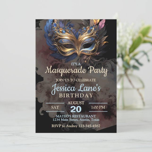 Masquerade Party Geburtstag Einladung (Stehend Vorderseite)