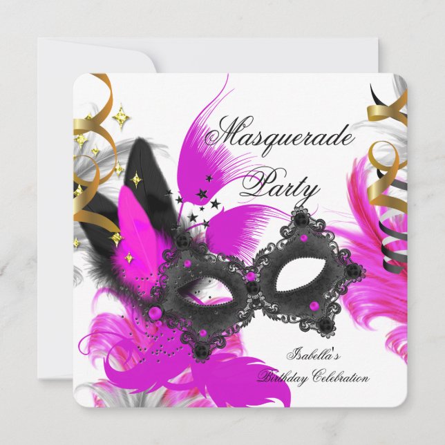Masquerade Party Geburtstag Rosa Maske Schwarz-wei Einladung (Vorderseite)