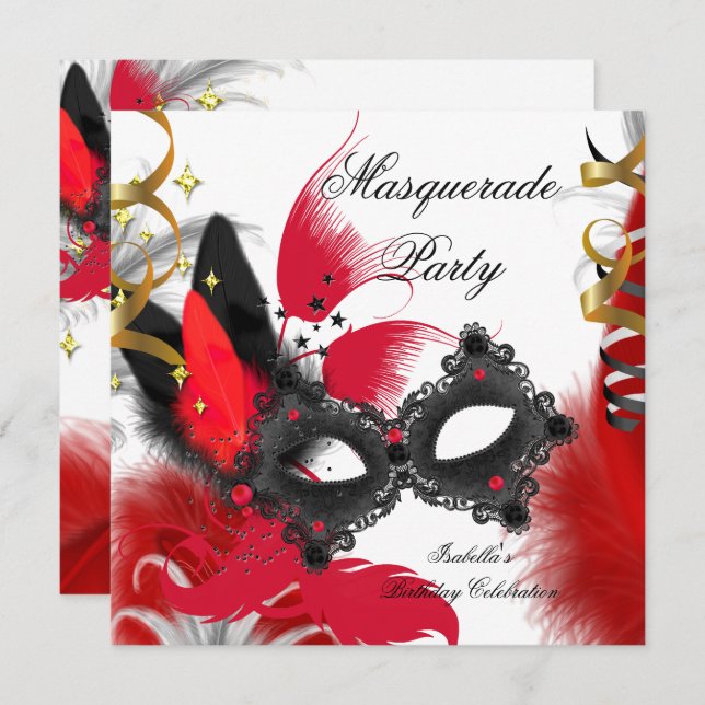 Masquerade Party Geburtstag Rote Maske Schwarz-wei Einladung (Vorne/Hinten)
