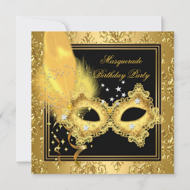 Masquerade Party Gold Damaskade Schwarz Gelbe Mask Einladung (Vorderseite)