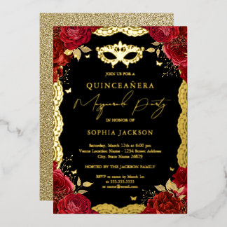 Masquerade Party Gold Rote Rose Lace Quinceanera Folieneinladung