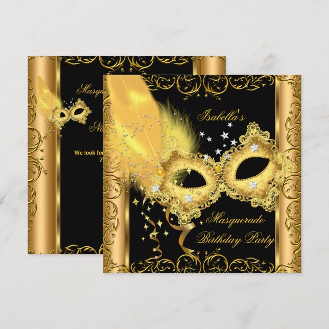 Masquerade Party Gold Schwarze Gelbe Maske 2 Einladung (Vorne/Hinten)