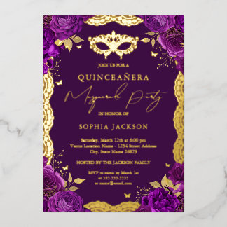 Masquerade Party Lila Blumenstrasse Quinceanera Folieneinladung