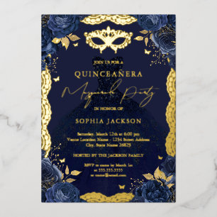 Masquerade Party Navy Blumenkleid Quinceanera Foi Folieneinladung