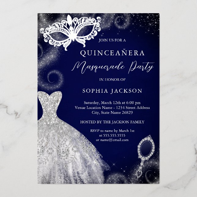 Masquerade Party Navy Silver Dress Quinceanera Folieneinladung (Vorderseite)
