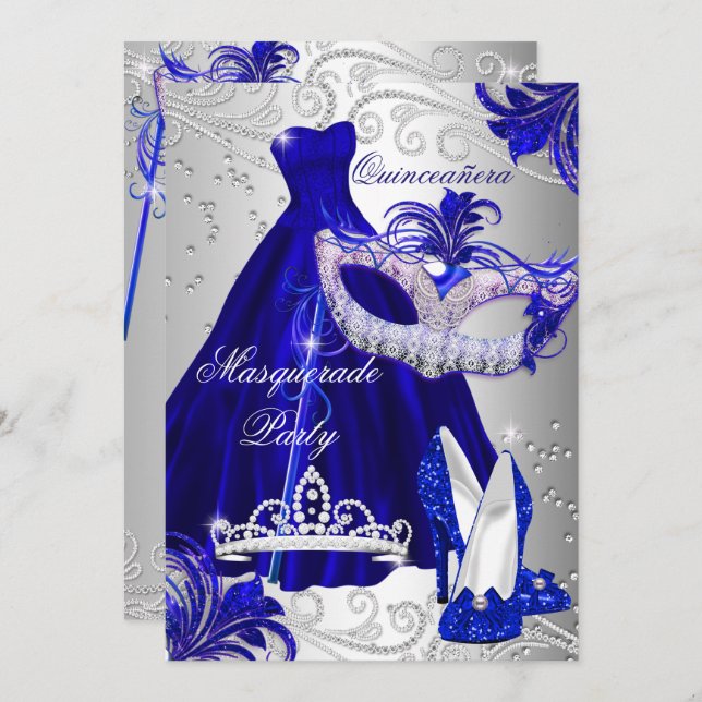 Masquerade Party Quinceanera Blue Silver Dress Einladung (Vorne/Hinten)
