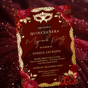 Masquerade Party Red Gold Rose Gozo Quinceanera Folieneinladung