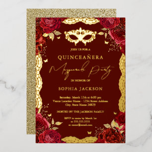Masquerade Party Red Gold Rose Lace Quinceanera Folieneinladung