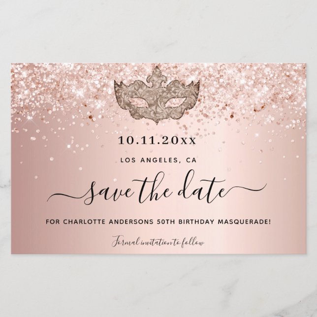 Masquerade Party Rose Gold Save the Date Karte (Vorderseite)