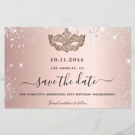 Masquerade Party Rose Gold Save the Date Karte