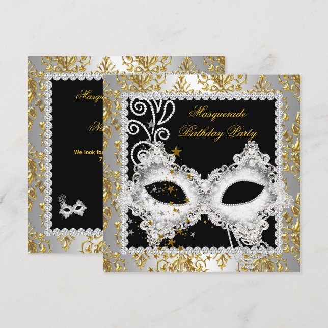 Masquerade Party Silver Gold Damaskade Schwarze Ma Einladung (Vorne/Hinten)