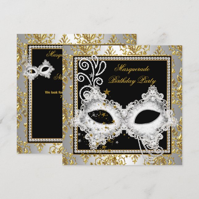 Masquerade Party Silver Gold Damaskus Schwarze Mas Einladung (Vorne/Hinten)