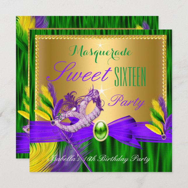 Masquerade Party Sweet 16 Lila Green Gold Einladung (Vorne/Hinten)
