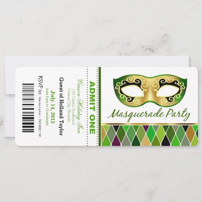 Masquerade Party Ticket einräumen| grün Einladung (Vorderseite)