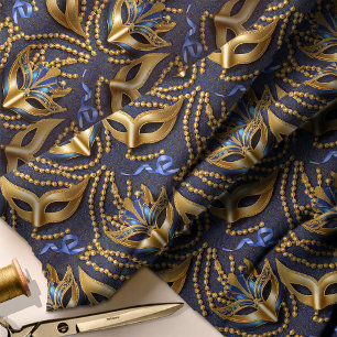 Masquerade Pattern Beads Masken Blue Gold ID1031 Stoff