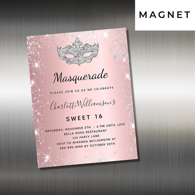 Masquerade pink silber Sweet 16 Einladungs-Magnet Magnetkarte (Von Creator hochgeladen)