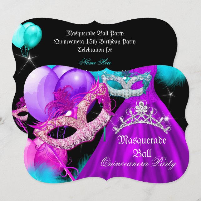 Masquerade Quinceanera 15 Party Aquamarin Lila Ros Einladung (Vorne/Hinten)