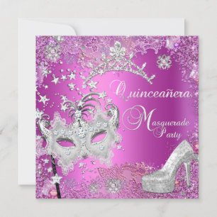 Masquerade Quinceanera 15. Party Pink Tiara Shoe Einladung