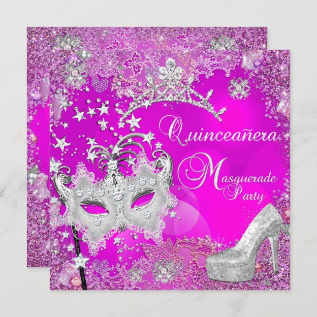 Masquerade Quinceanera 15. Party Tiara Shoe Einladung (Vorne/Hinten)