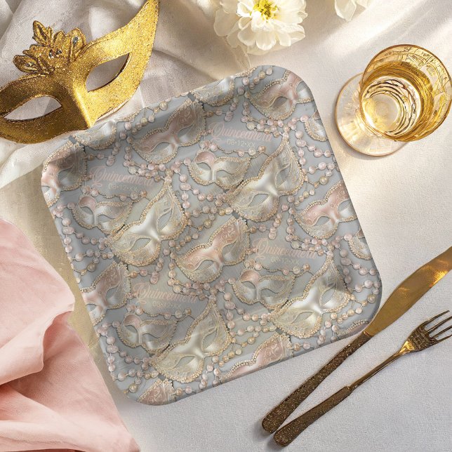 Masquerade Quinceanera Bead Masken Rose Gold ID103 Pappteller (Von Creator hochgeladen)