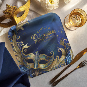 Masquerade Quinceanera Blue Gold ID1031 Pappteller
