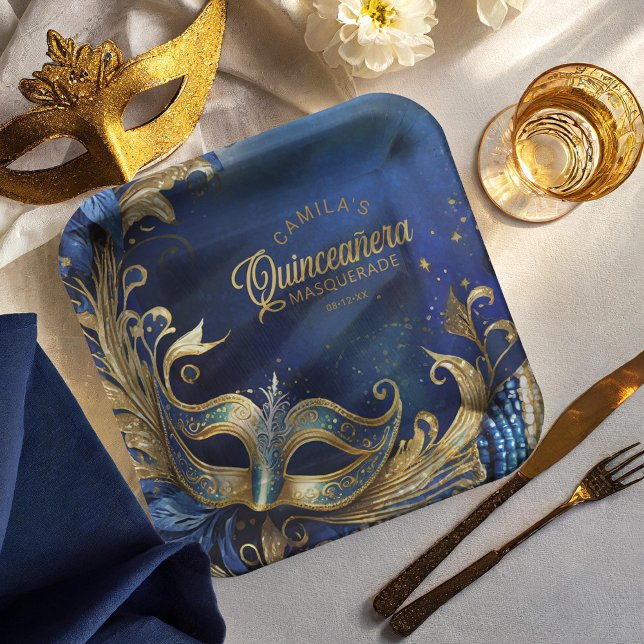 Masquerade Quinceanera Blue Gold ID1031 Pappteller (Von Creator hochgeladen)