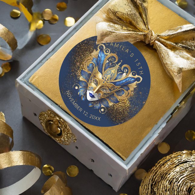 Masquerade Quinceanera Blue Gold V2 ID1031 Runder Aufkleber (Von Creator hochgeladen)