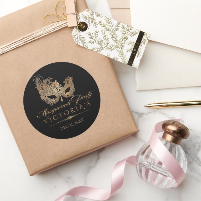 Masquerade Quinceanera Chic Black Gold Runder Aufkleber (Schenken)