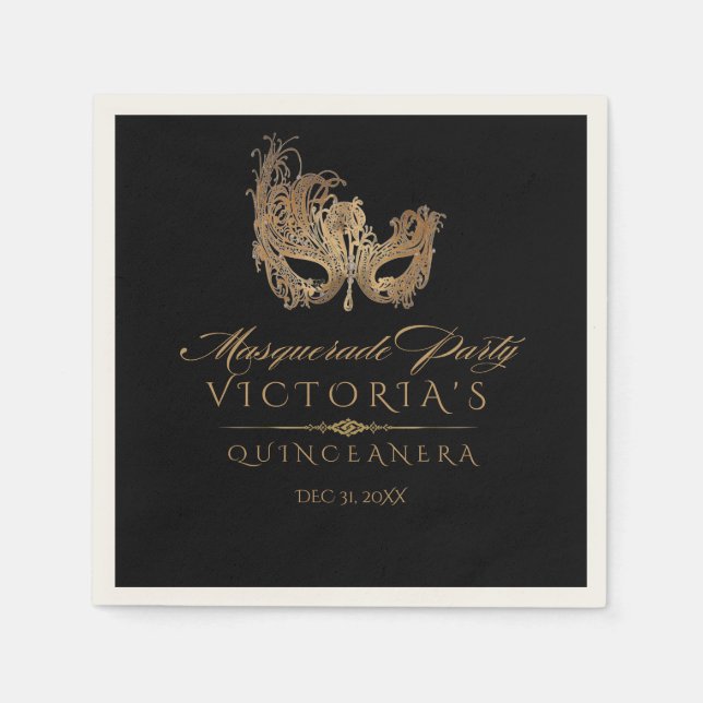 Masquerade Quinceanera Chic Black Gold Serviette (Vorderseite)